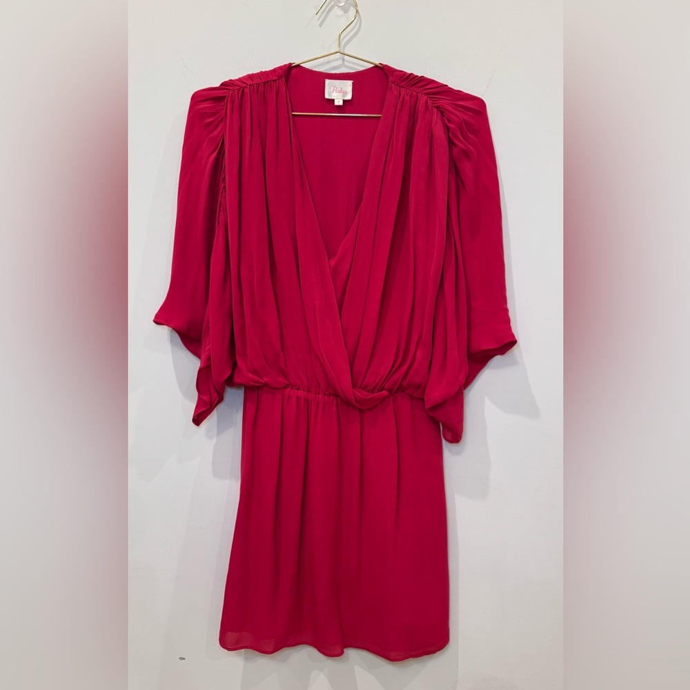 Parker Red Chiffon Mini Dress | Size Small | Draped V-Neck Batwing Sleeve